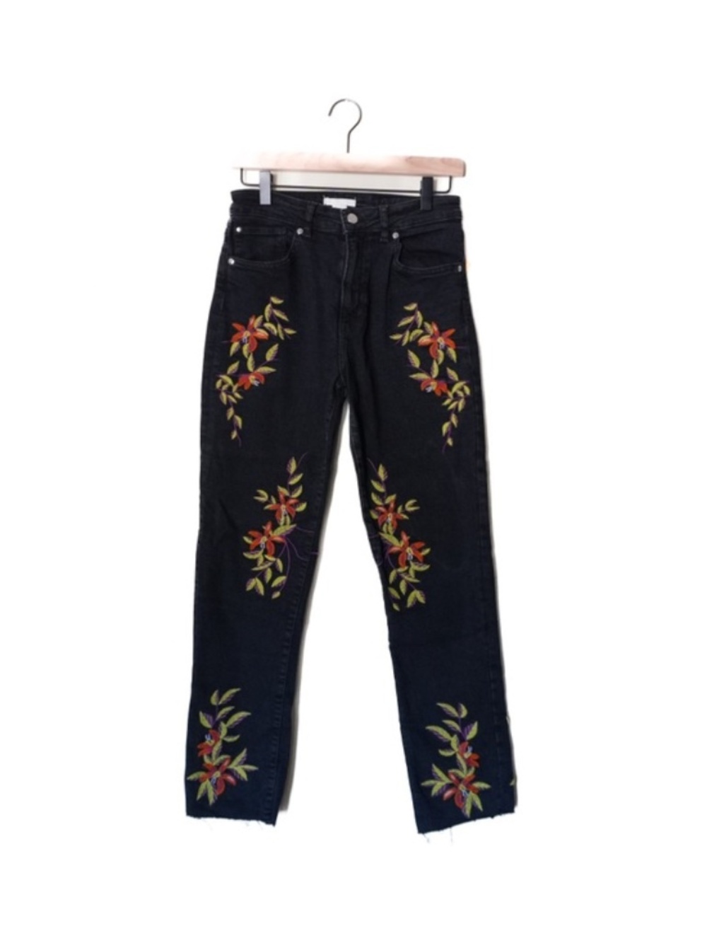 NWT H&M Floral Embroidered Boho Raw Hem Black Jeans Flaw